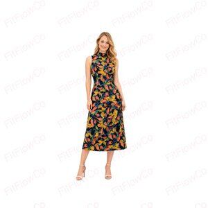 Tahari ASL Mock Neck Floral Midi Dress Size 10 NWT Fit & Flare Satin Sheen